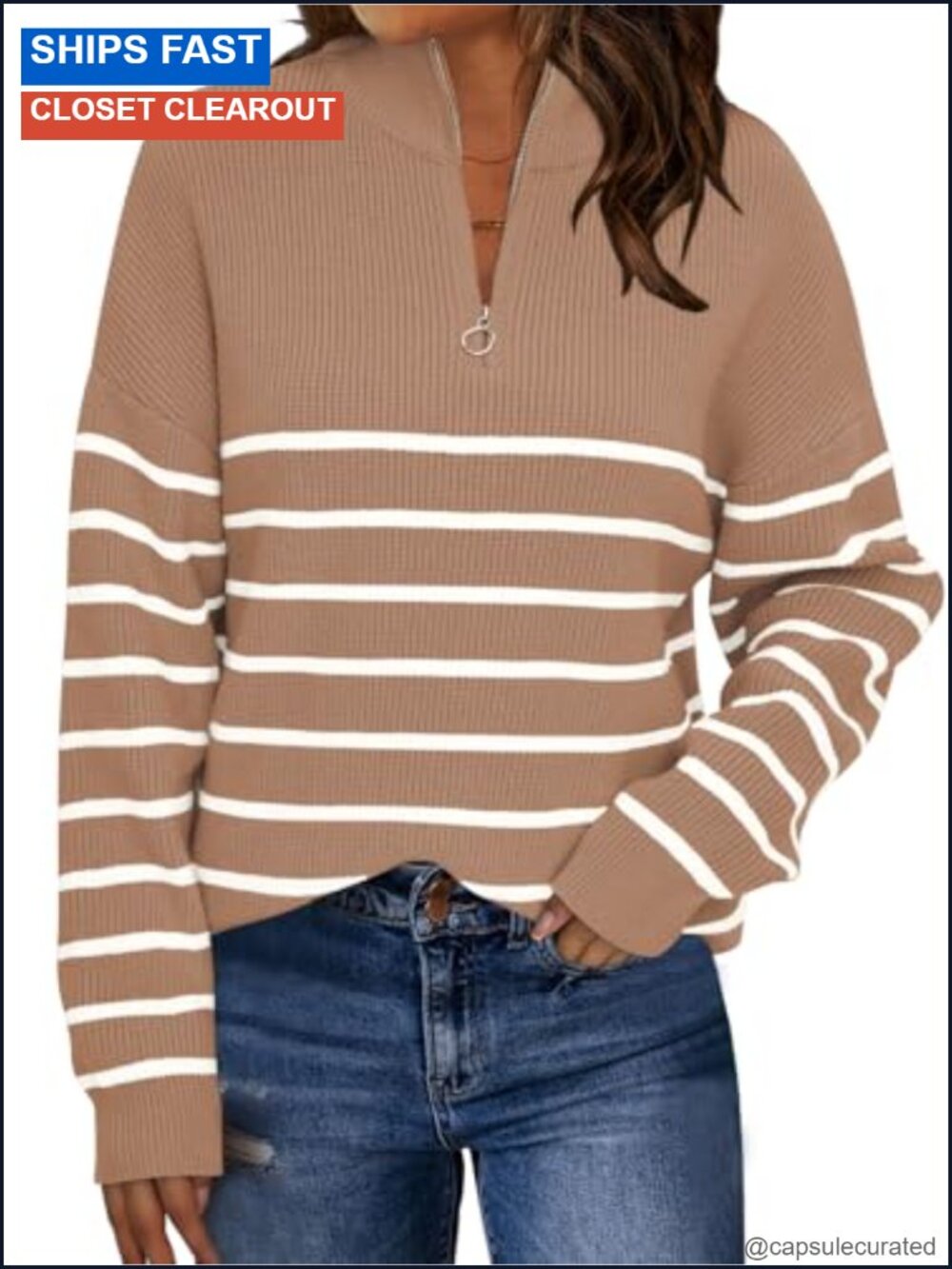 LILLUSORY Quarter Zip Striped Oversized Sweater Women Fall Pullover